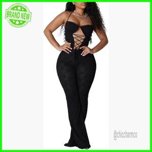 Lace Halter Jumpsuit Hollow Out Back Tie Stretchy Club Outfit Medium